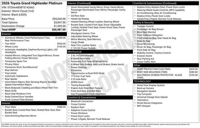 New 2026 Toyota Grand Highlander Platinum