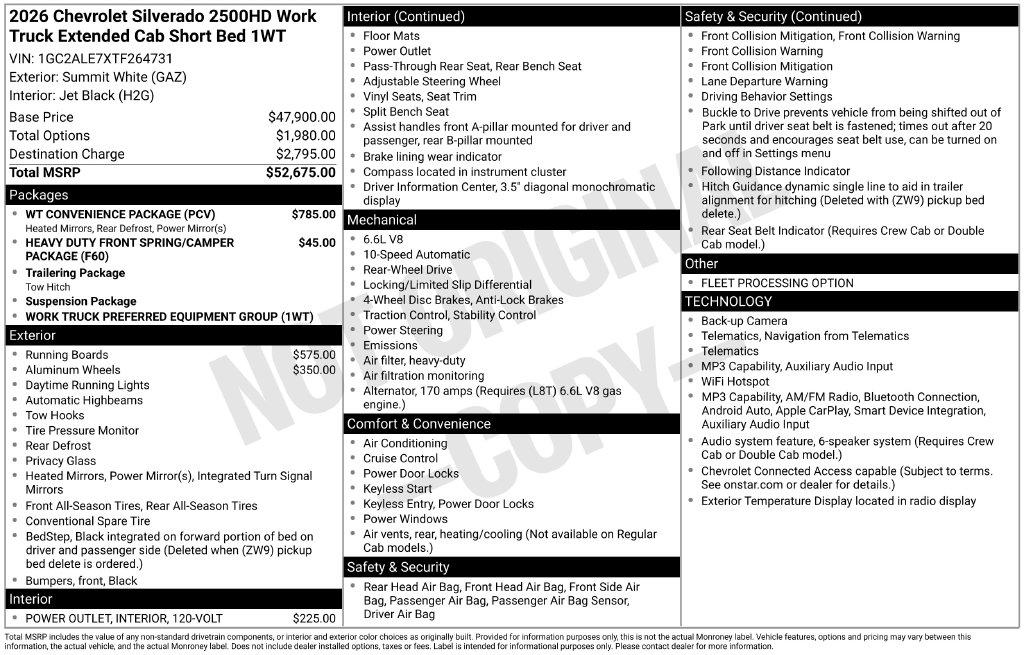 New 2026 Chevrolet Silverado 2500 Double Cab, Standard Bed, WT, RWD