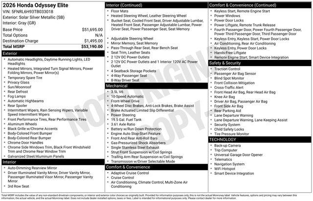 New 2026 Honda Odyssey Elite