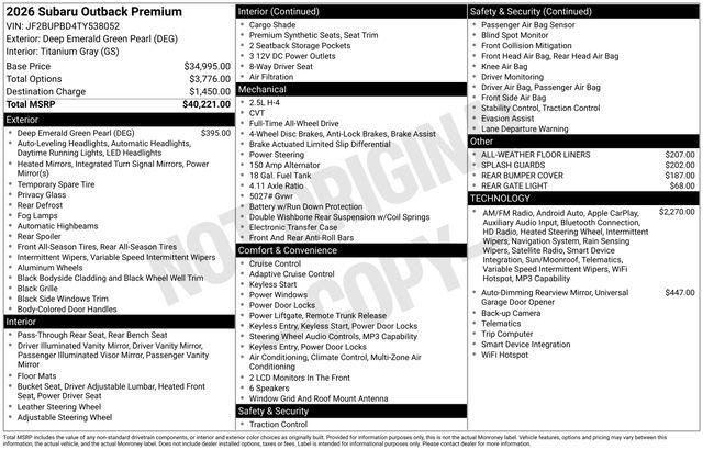 New 2026 Subaru Outback Premium