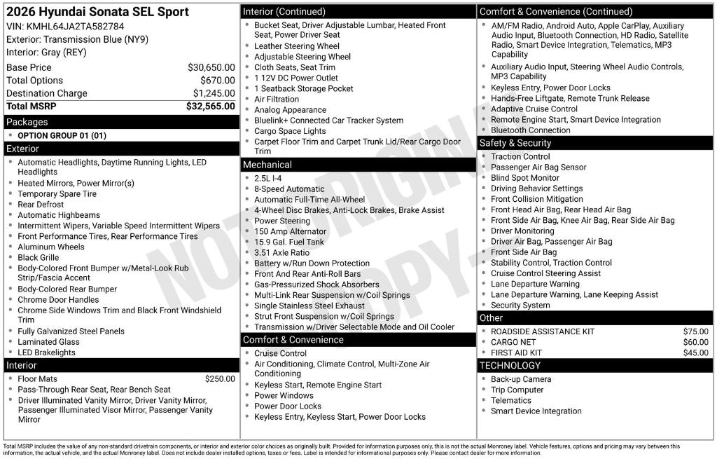 New 2026 Hyundai SONATA SEL Sport