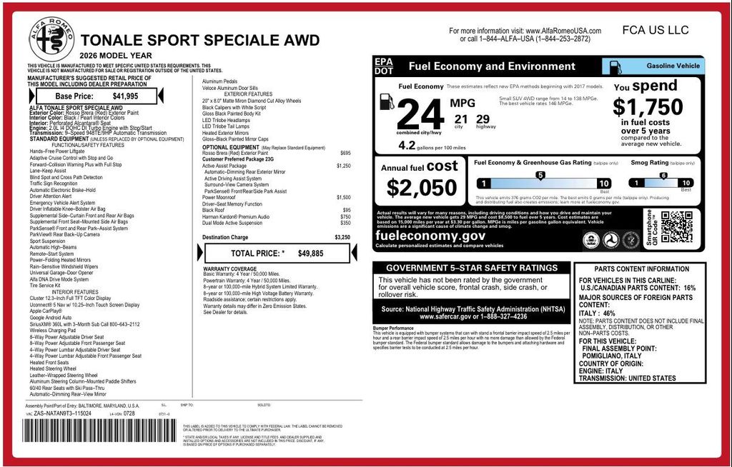 New 2026 Alfa Romeo Tonale Sport Speciale AWD