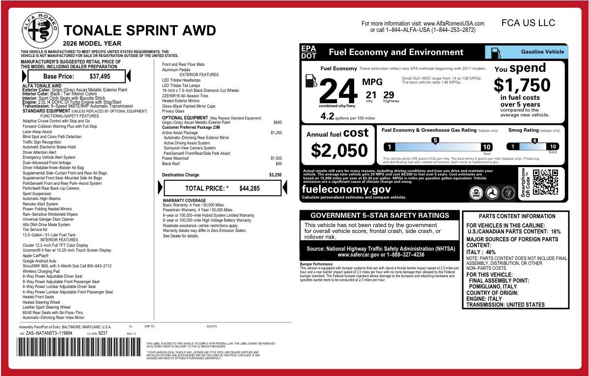 New 2026 Alfa Romeo Tonale Sprint AWD
