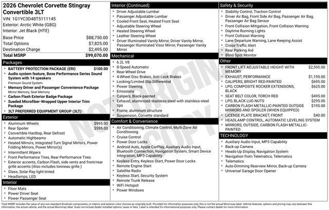New 2026 Chevrolet Corvette Stingray w/3LT