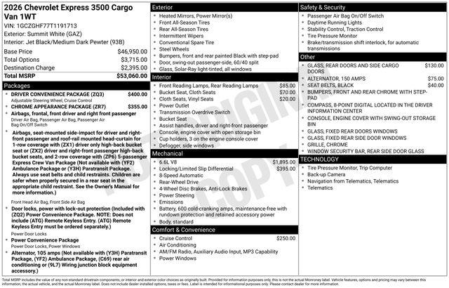 New 2026 Chevrolet Express 3500 3500 Extended Wheelbase, WT, RWD