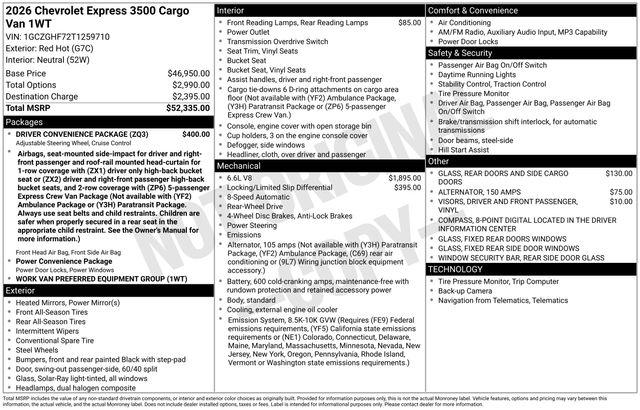 New 2026 Chevrolet Express 3500 3500 Extended Wheelbase, WT, RWD