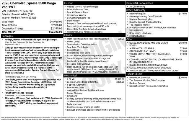 New 2026 Chevrolet Express 3500 3500 Extended Wheelbase, WT, RWD