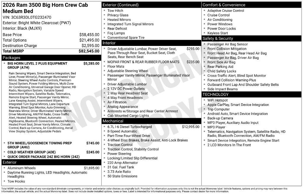 New 2026 RAM 3500 Big Horn Crew Cab 4x4 6'4' Box