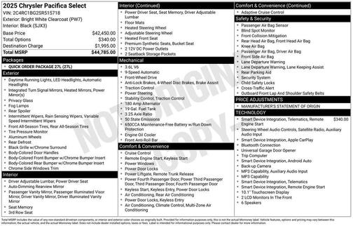 Bright White Clearcoat 2025 Chrysler Pacifica Select