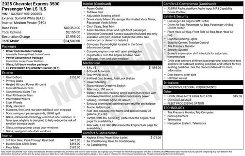 2025 Chevrolet Express 3500 RWD 3500 Extended Wheelbase LS