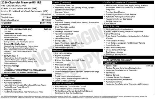 Lakeshore Blue Metallic 2026 Chevrolet Traverse RS