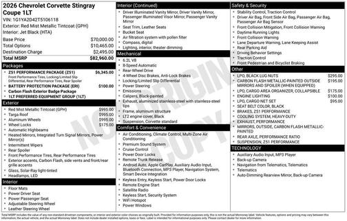 2026 Chevrolet Corvette Stingray w/1LT