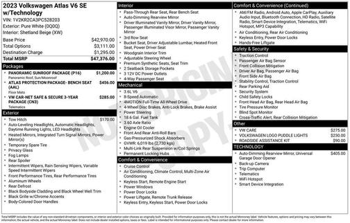 Pure White 2023 Volkswagen Atlas 3.6L SE w/Technology