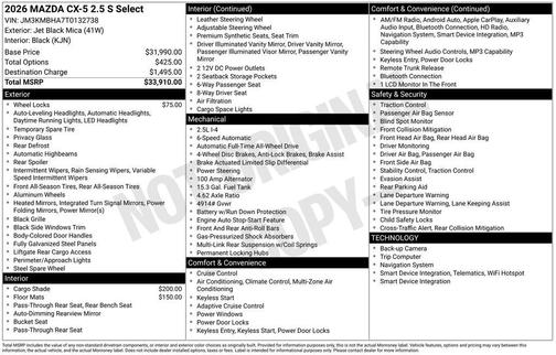 Jet Black Mica 2026 Mazda CX-5 2.5 S Select Package