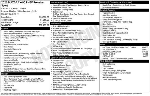Rhodium White Premium 2026 Mazda CX-90 PHEV Premium Sport