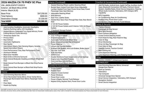 Jet Black Mica 2026 Mazda CX-70 PHEV SC Plus