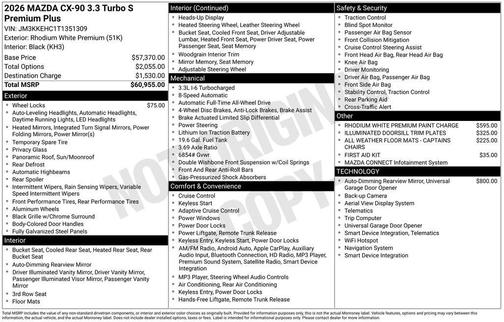Rhodium White Premium 2026 Mazda CX-90 3.3 Turbo S Premium Plus