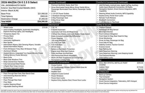 Soul Red Crystal Metallic 2026 Mazda CX-5 2.5 S Select Package