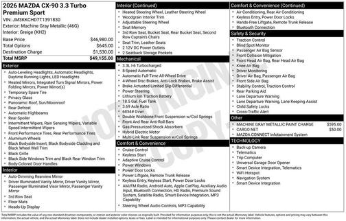 Machine Gray Metallic 2026 Mazda CX-90 3.3 Turbo Premium Sport