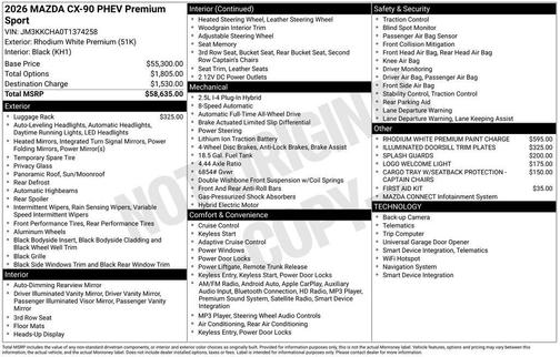 Rhodium White Premium 2026 Mazda CX-90 PHEV Premium Sport