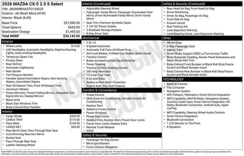 Jet Black Mica 2026 Mazda CX-5 2.5 S Select Package