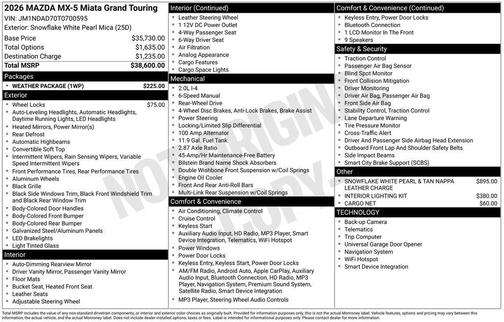 Snowflake White Pearl Mica 2026 Mazda MX-5 Miata Grand Touring
