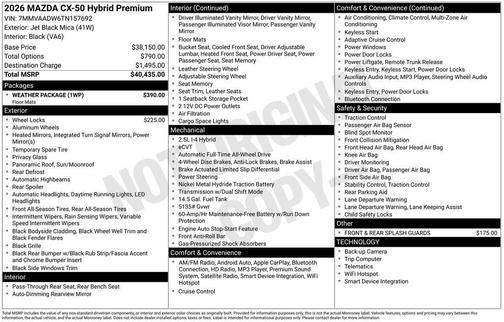 Jet Black Mica 2026 Mazda CX-50 Hybrid Premium