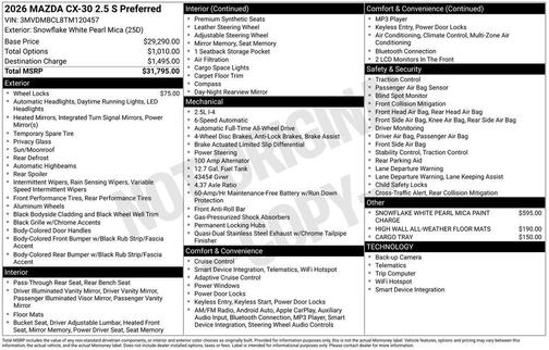 Snowflake White Pearl Mica 2026 Mazda CX-30 2.5 S Preferred Package