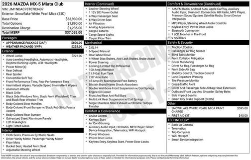 Snowflake White Pearl Mica 2026 Mazda MX-5 Miata Club