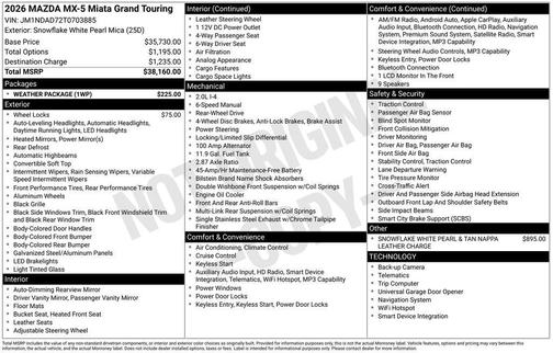 Snowflake White Pearl Mica 2026 Mazda MX-5 Miata Grand Touring