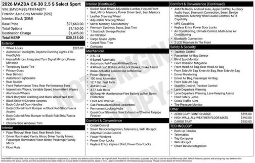 Aero Gray Metallic 2026 Mazda CX-30 2.5 S Select Sport