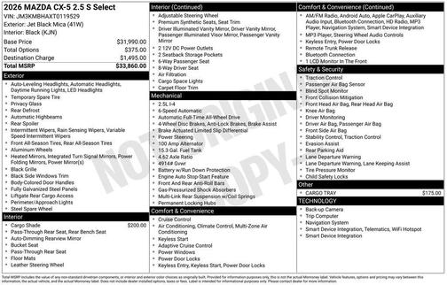 Jet Black Mica 2026 Mazda CX-5 2.5 S Select Package