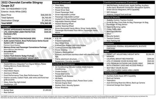 2022 Chevrolet Corvette Stingray w/2LT