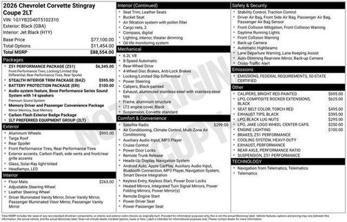 2026 Chevrolet Corvette Stingray w/2LT