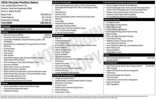 Red 2026 Chrysler Pacifica Select