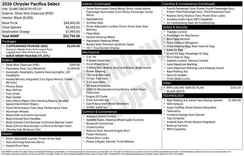 Silver Mist Clearcoat 2026 Chrysler Pacifica Select