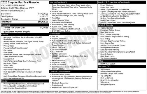 Bright White Clearcoat 2025 Chrysler Pacifica Pinnacle