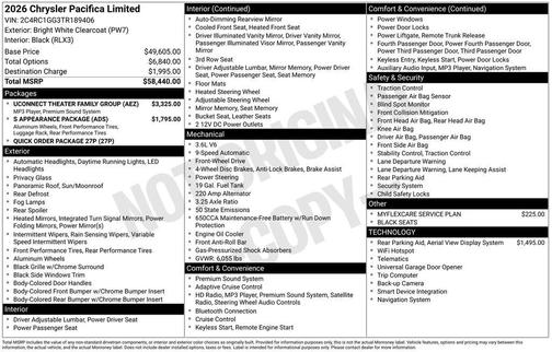 Bright White Clearcoat 2026 Chrysler Pacifica Limited