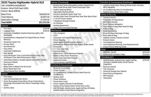 Pearl 2025 Toyota Highlander Hybrid XLE