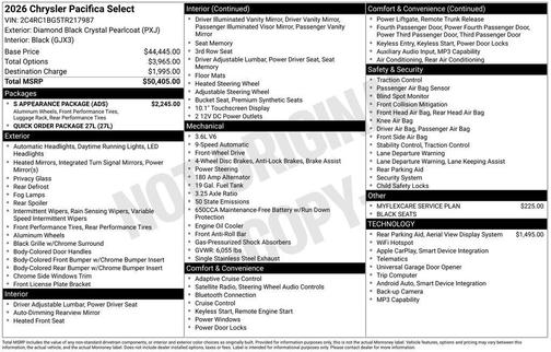 Diamond Black 2026 Chrysler Pacifica Select