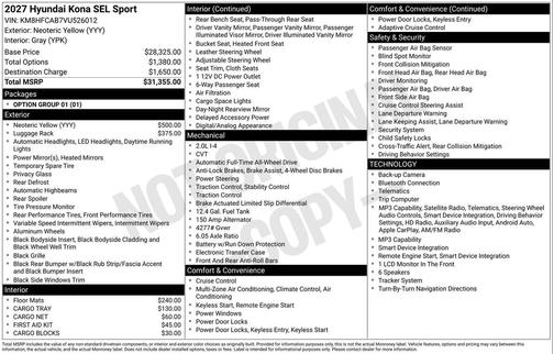 Neoteric Yellow 2027 Hyundai KONA SEL Sport