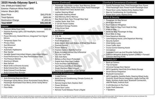 Platinum White Pearl 2025 Honda Odyssey