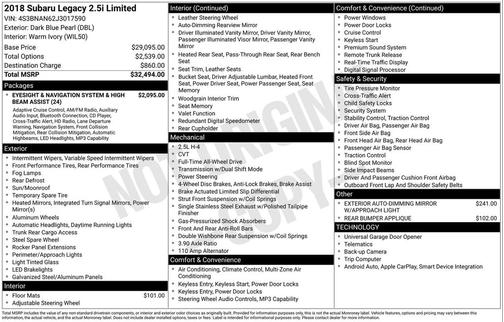 Dark Blue Pearl 2018 Subaru Legacy Limited