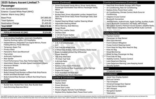 Crystal White Pearl 2025 Subaru Ascent Limited 7-Passenger