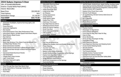 Crystal White Pearl 2024 Subaru Impreza Base