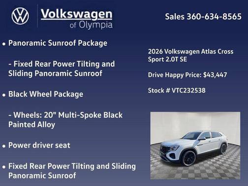 Opal White Pearl 2026 Volkswagen Atlas Cross Sport 2.0T SE w/Technology 4MOTION