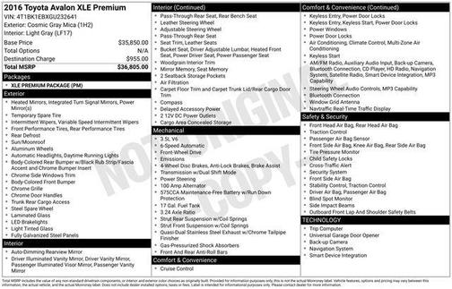 Cosmic Gray Mica 2016 Toyota Avalon XLE Premium