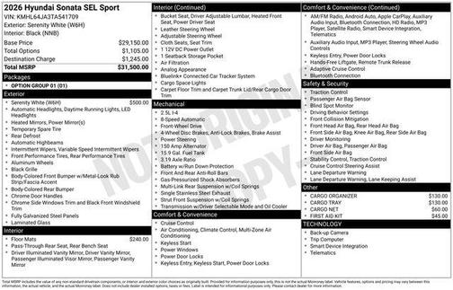 Serenity White 2026 Hyundai SONATA SEL