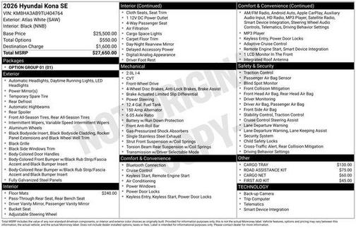 Atlas White 2026 Hyundai KONA SE