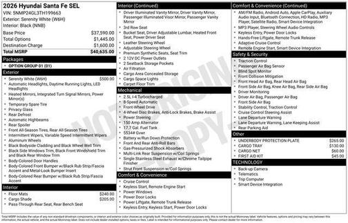 Serenity White 2026 Hyundai SANTA FE SEL 2.4